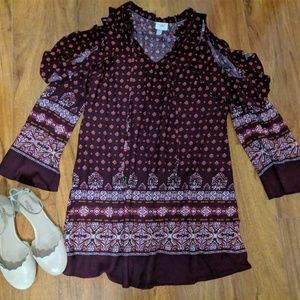 Maroon Boho Cold-Shoulder Dress